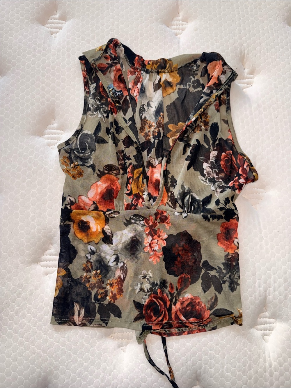 176. Floral V-Neck Sleeveless Top in Olive Green